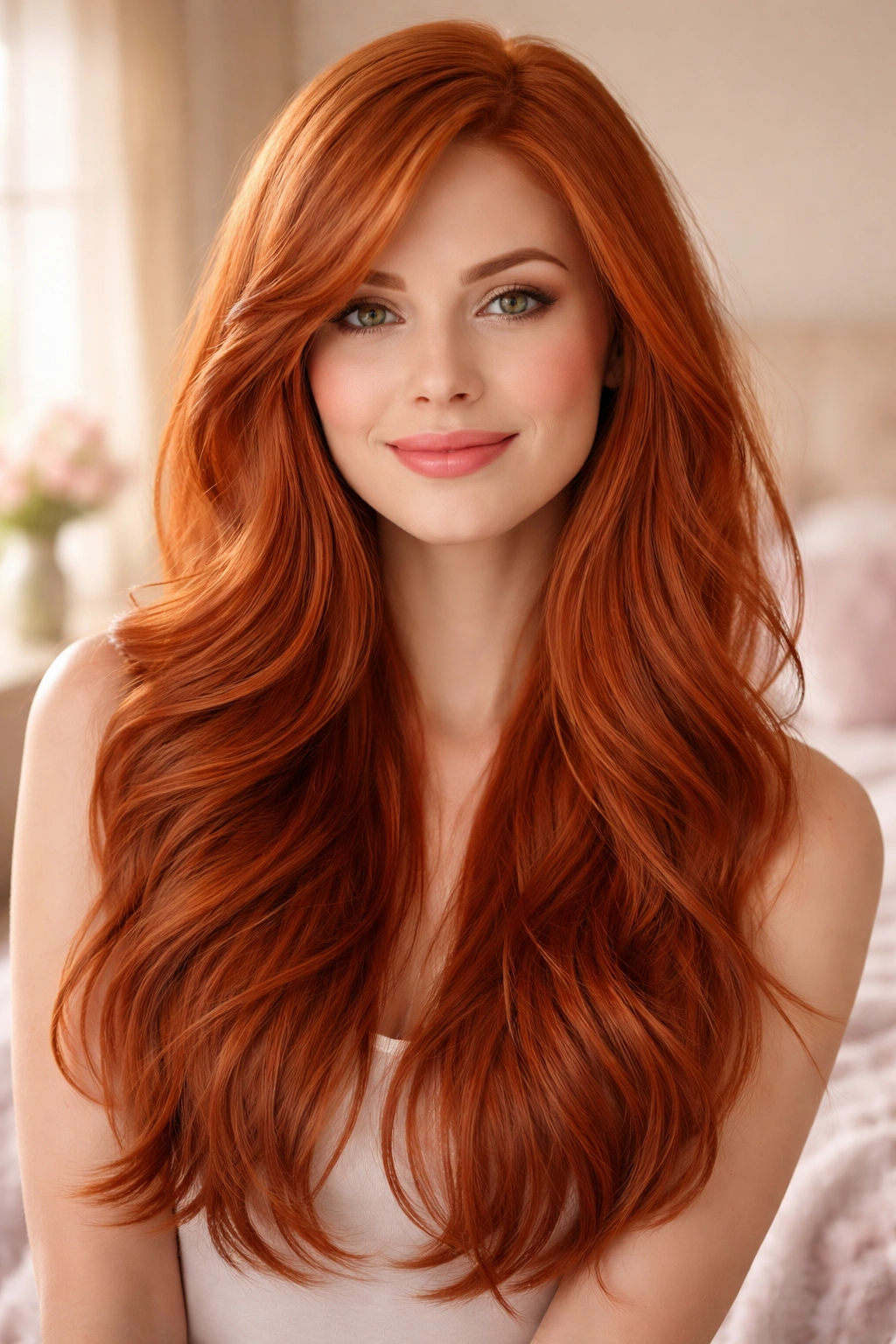 Close-up portrait of a woman with strawberry red soft layered waves and side part