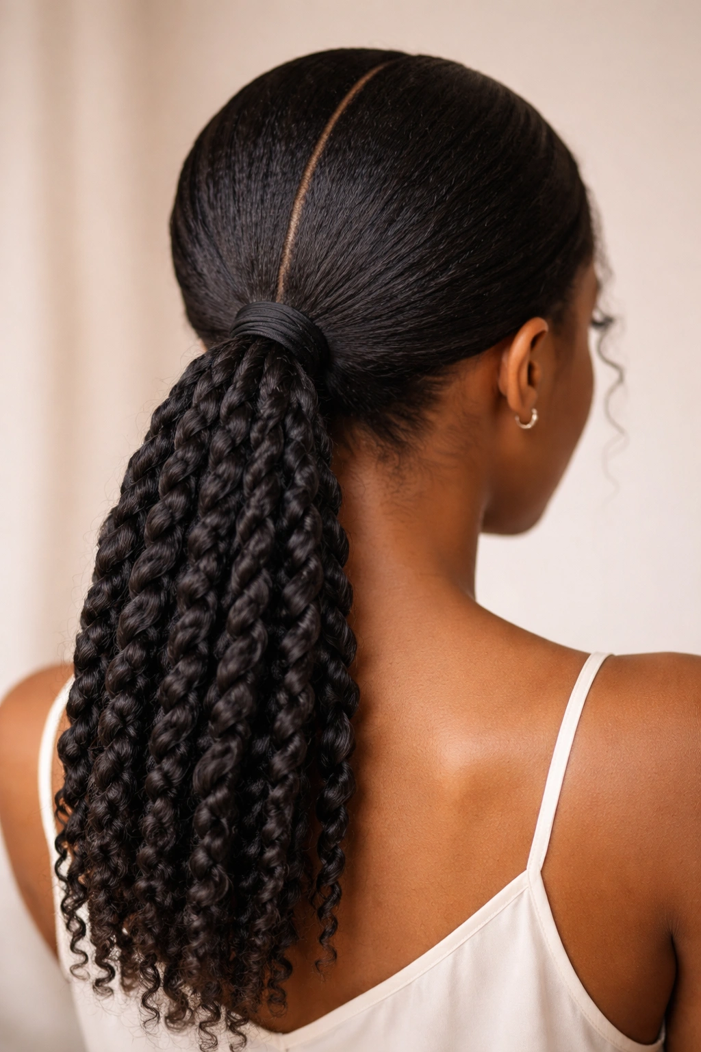 Close-up of Stretch-Blowout Twist Ponytail with stretched base and neatly laid twists