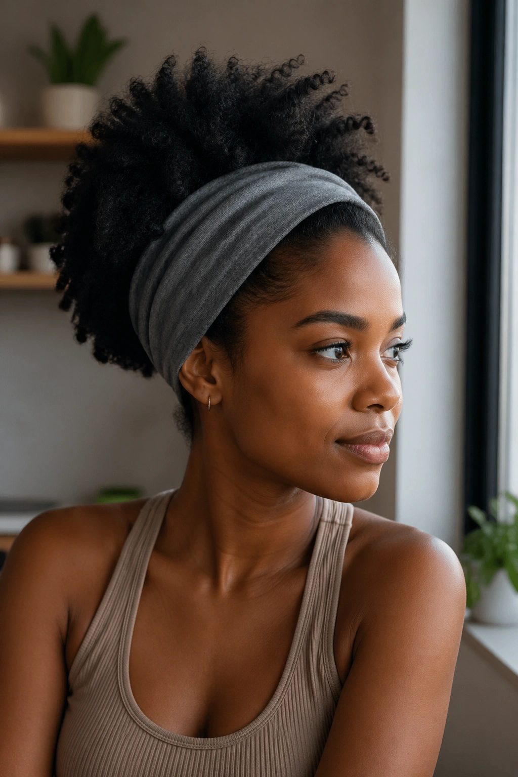 Portrait of a person wearing a stretch jersey headband for everyday wear