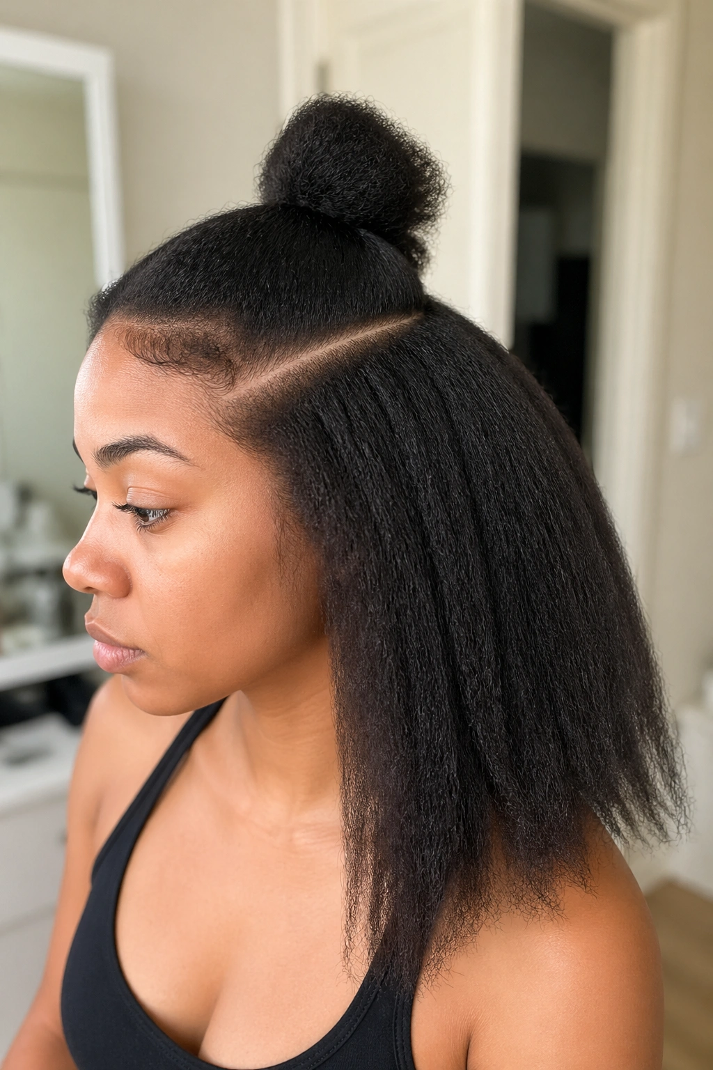 Real person with stretched medium-length hair ready for braiding