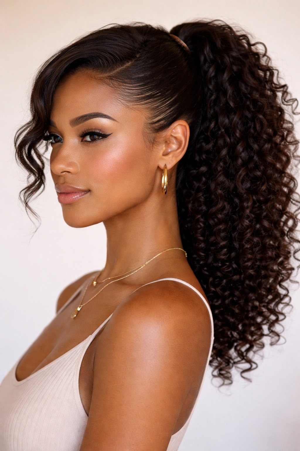 Side-swooped ponytail with stretched front on 3B hair
