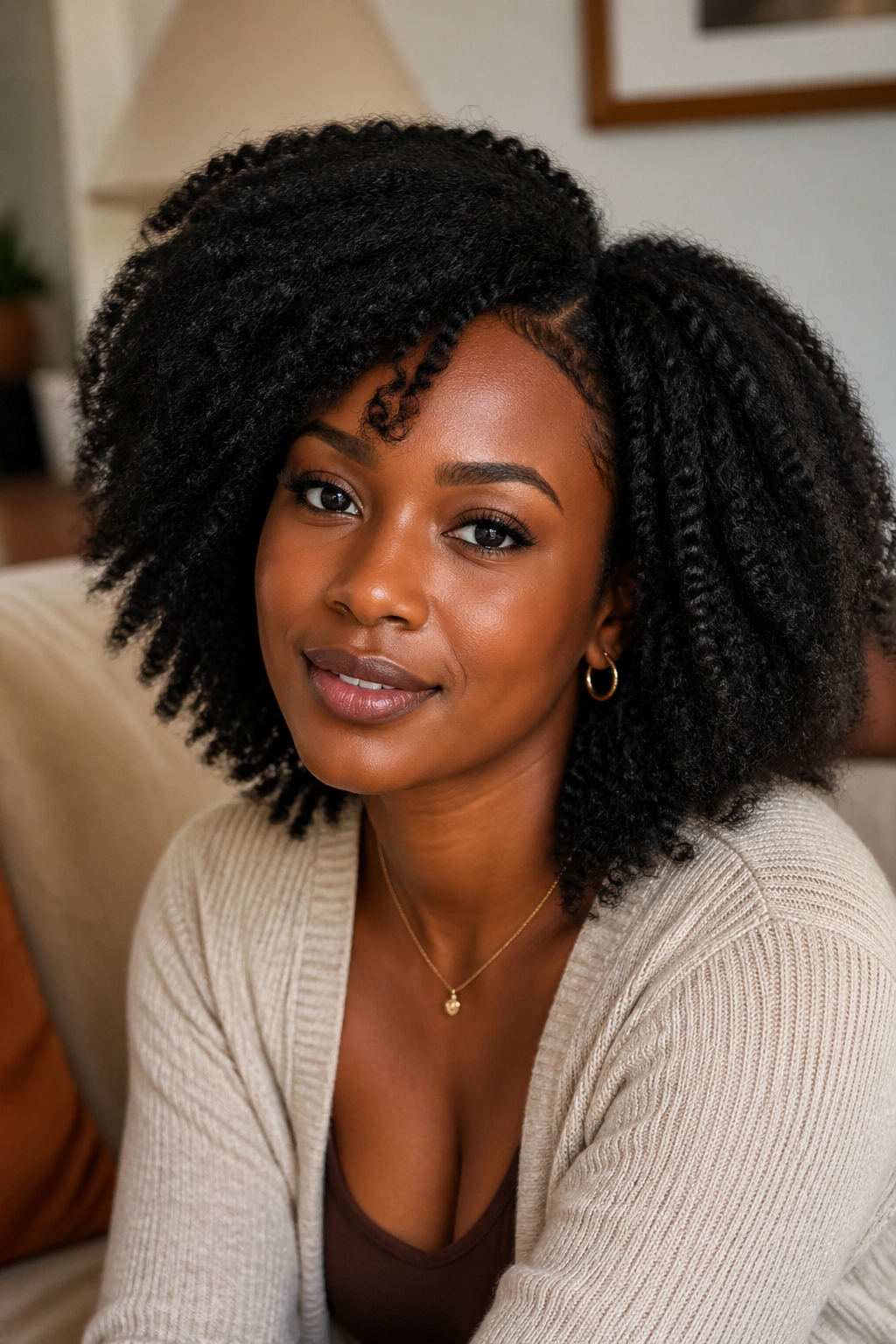 Close-up of a woman with stretched medium-length crochet afro and directional fall