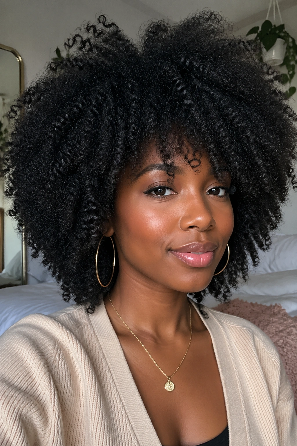 Close-up portrait of a real woman with a stretched Afro under warm bedroom light