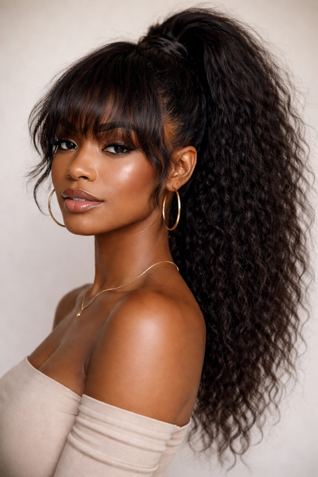 Stretched Afro Ponytail with feathered bangs on natural hair