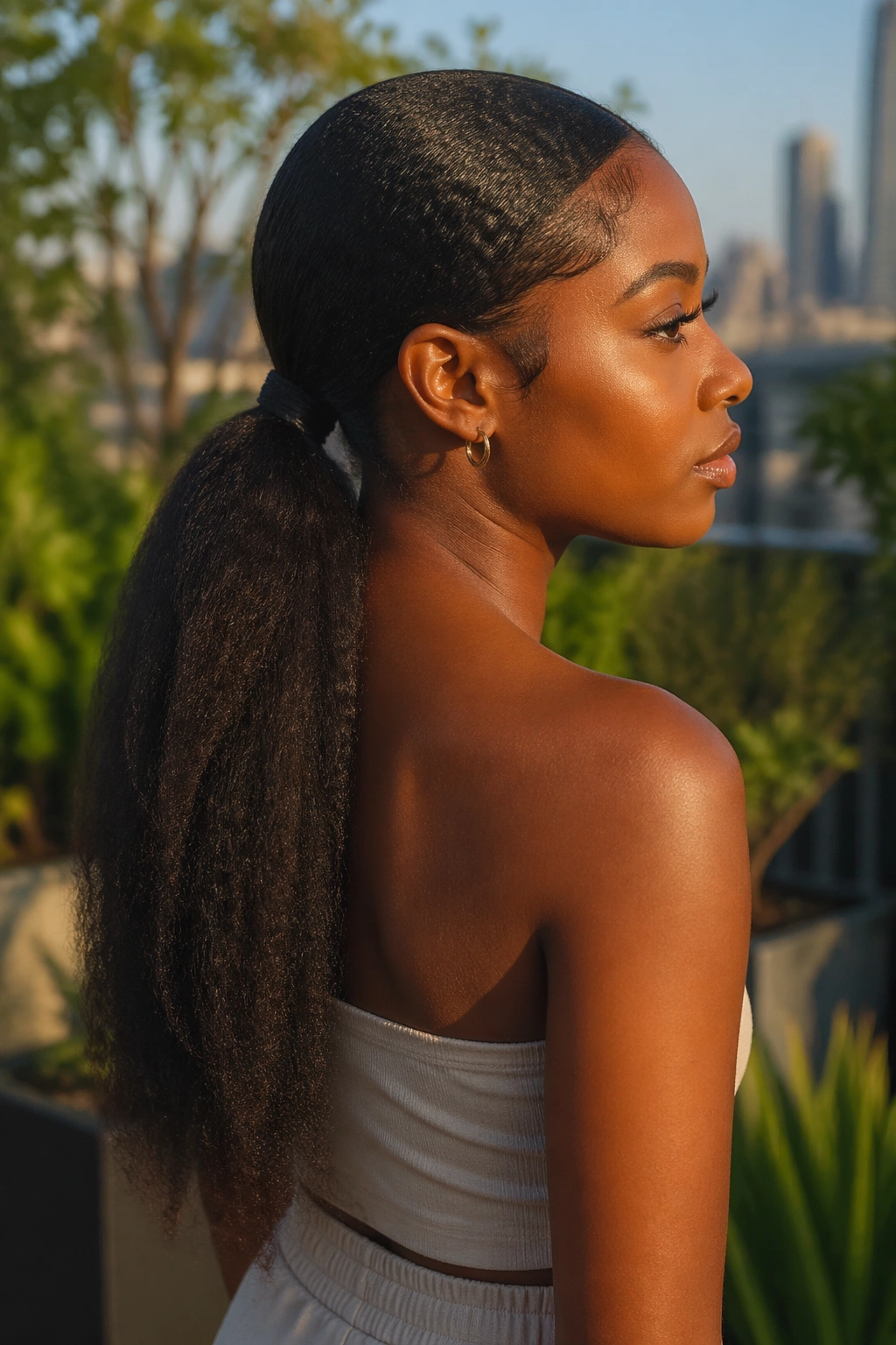 Stretched blowout low ponytail on a real person, long tail with coil texture