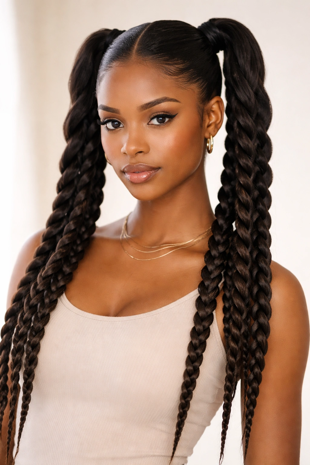 Stretched blowout twist double ponytails with elongated length