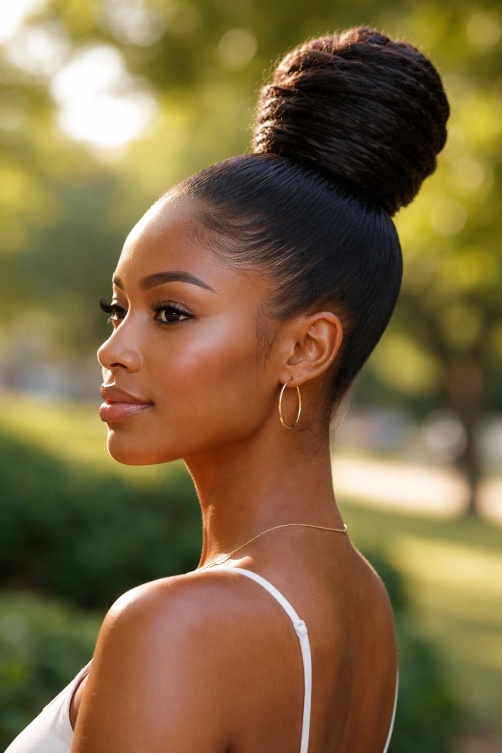 Portrait of a woman with a stretched high bun.