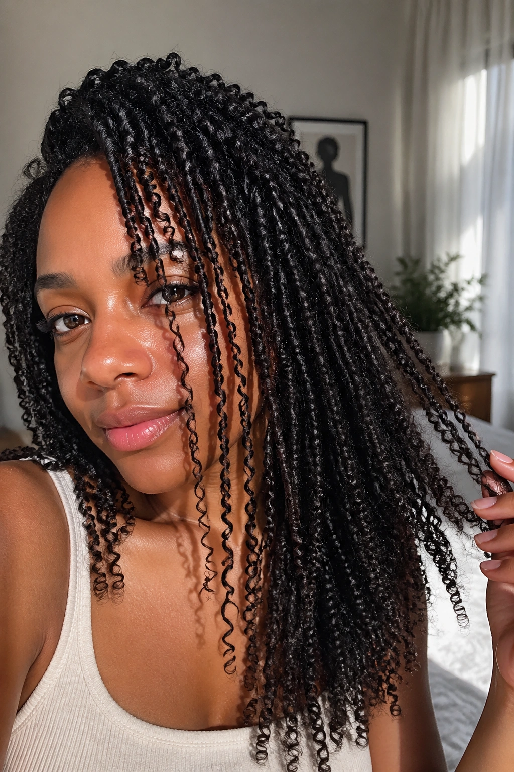 Close-up of stretched coil curls on a real person, showing elongated texture