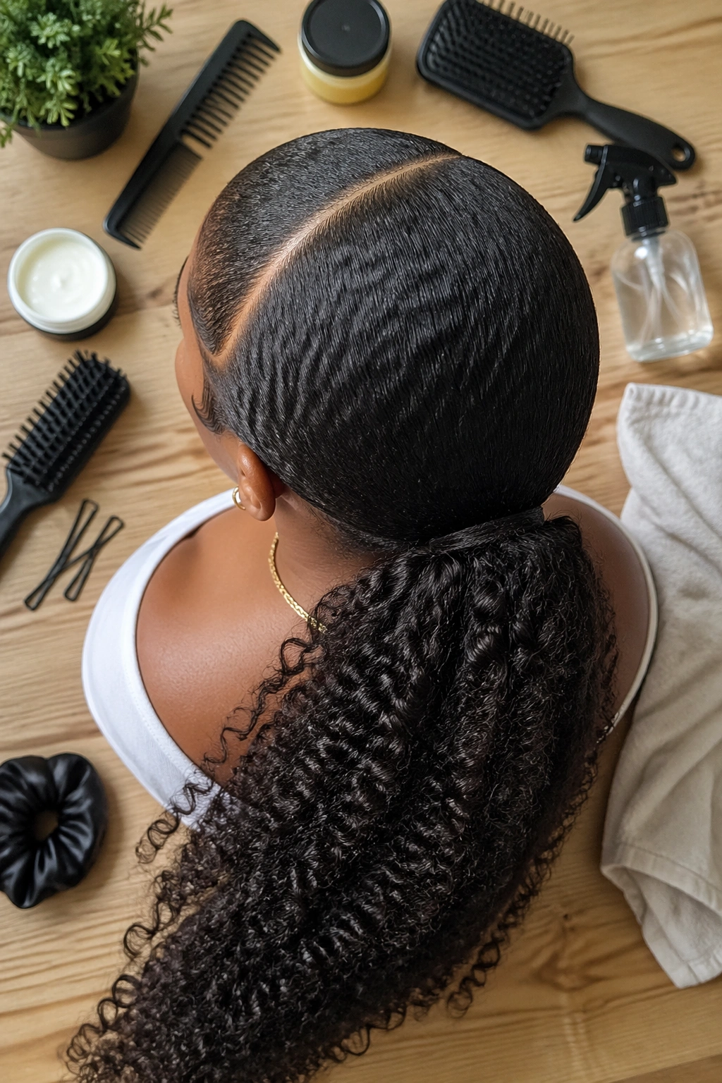Overhead flat-lay showing stretched-coil ponytail on mannequin head.