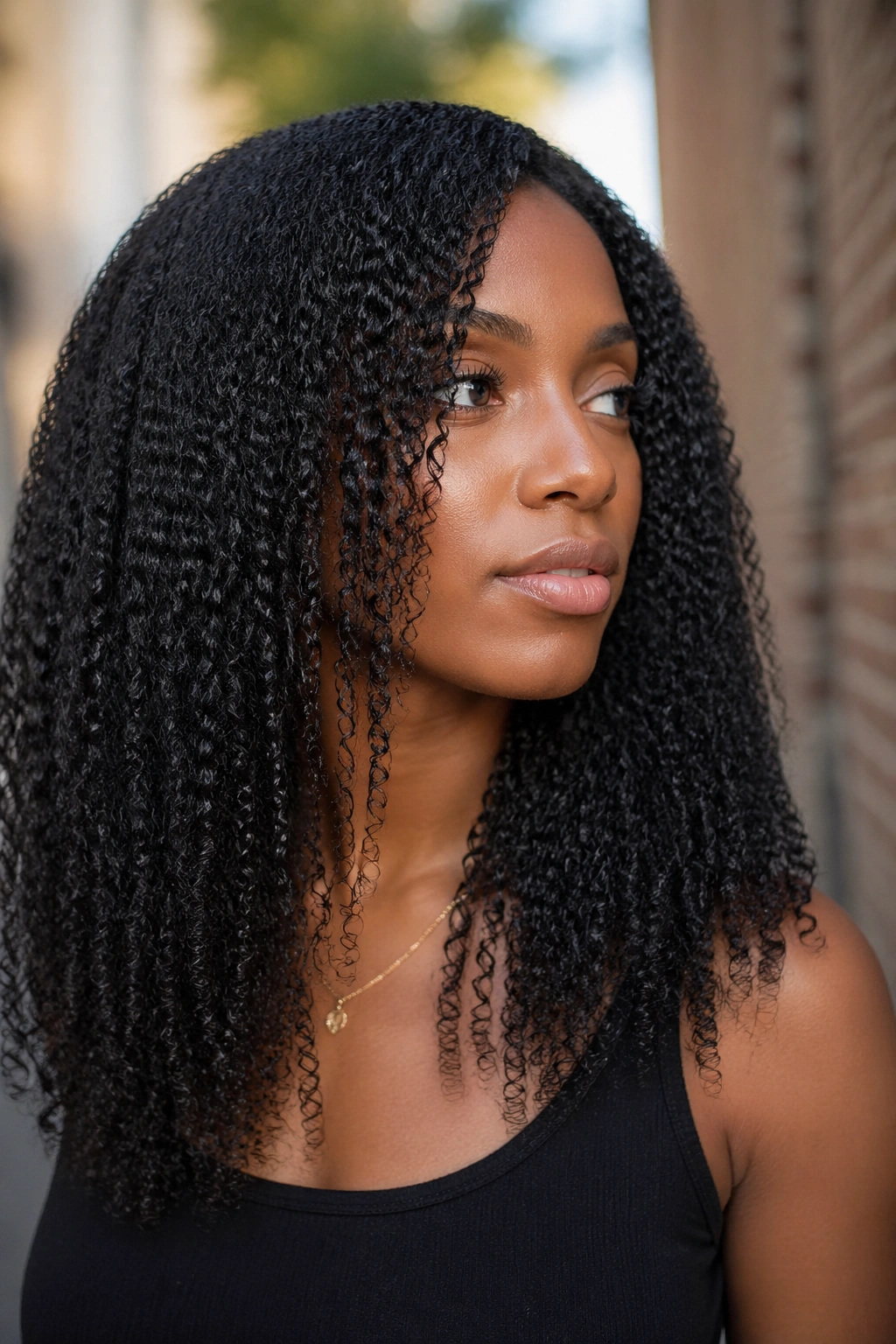 Close-up of real person with stretched comb-defined curls under soft outdoor light
