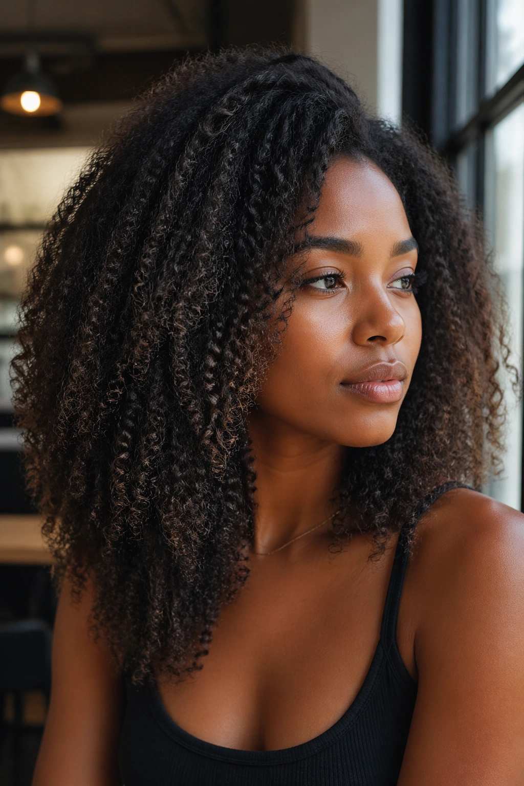 Real woman with stretched curly blowout showing elongated curls