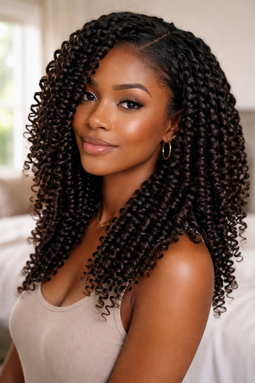 Close-up of stretched natural hair finger curls on a real person in a bedroom setting.