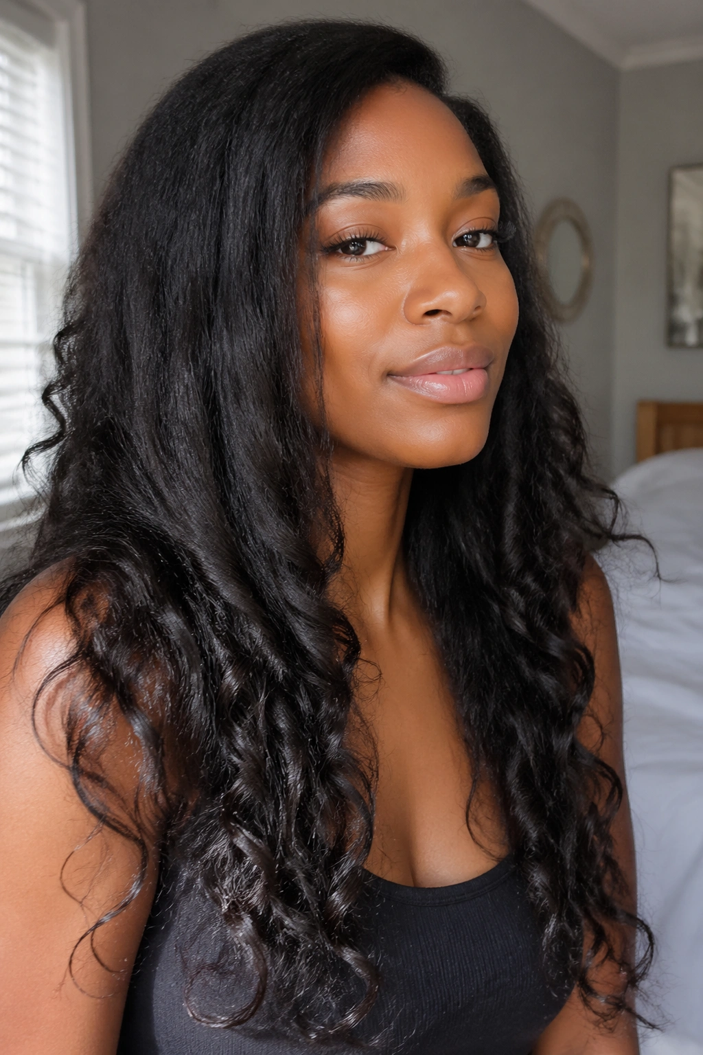 Close-up of a woman with a heatless stretched blowout hairstyle.