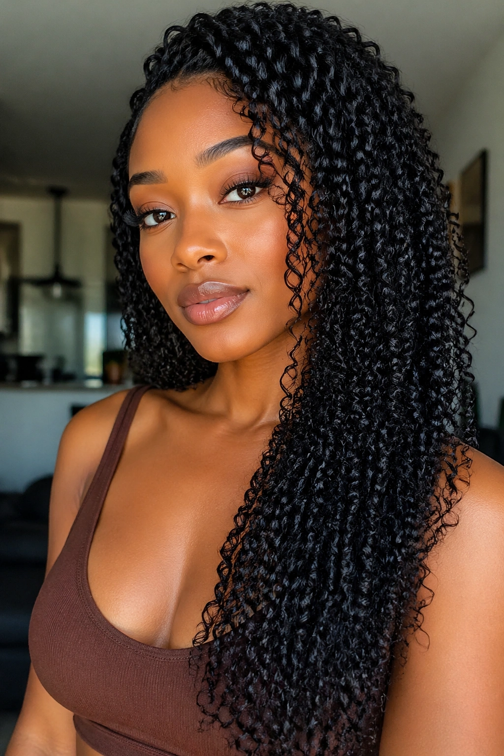 Close-up of a real woman with stretched juicy curls showing length