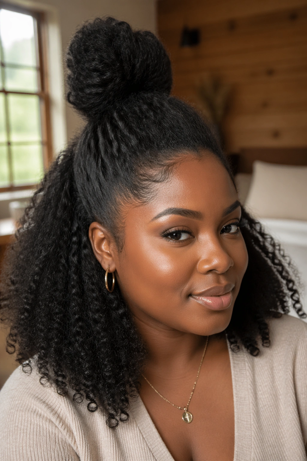 Close-up of a real Black woman with a stretched natural hair half bun at the crown