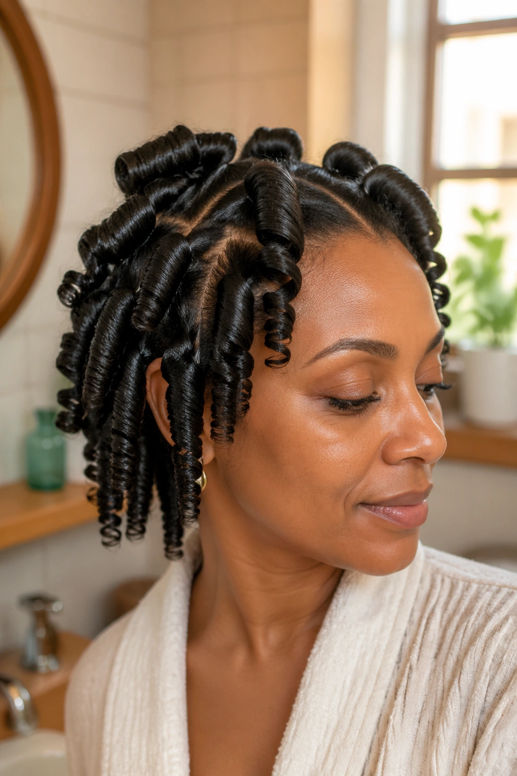 Close-up of a real woman with stretched natural hair and elongated pin curls.