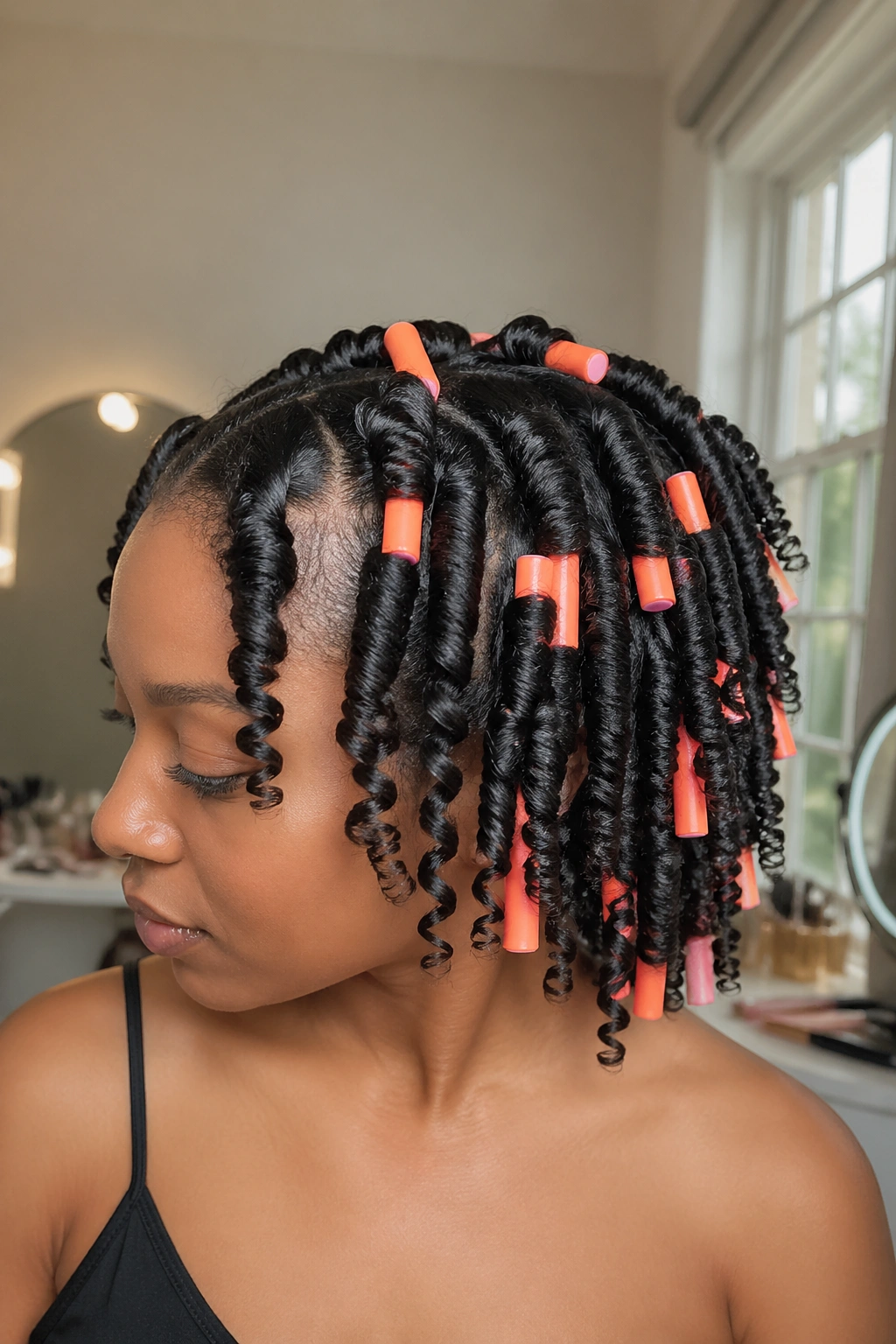 Close-up of a real woman with stretched natural hair showing elongated straw curls.