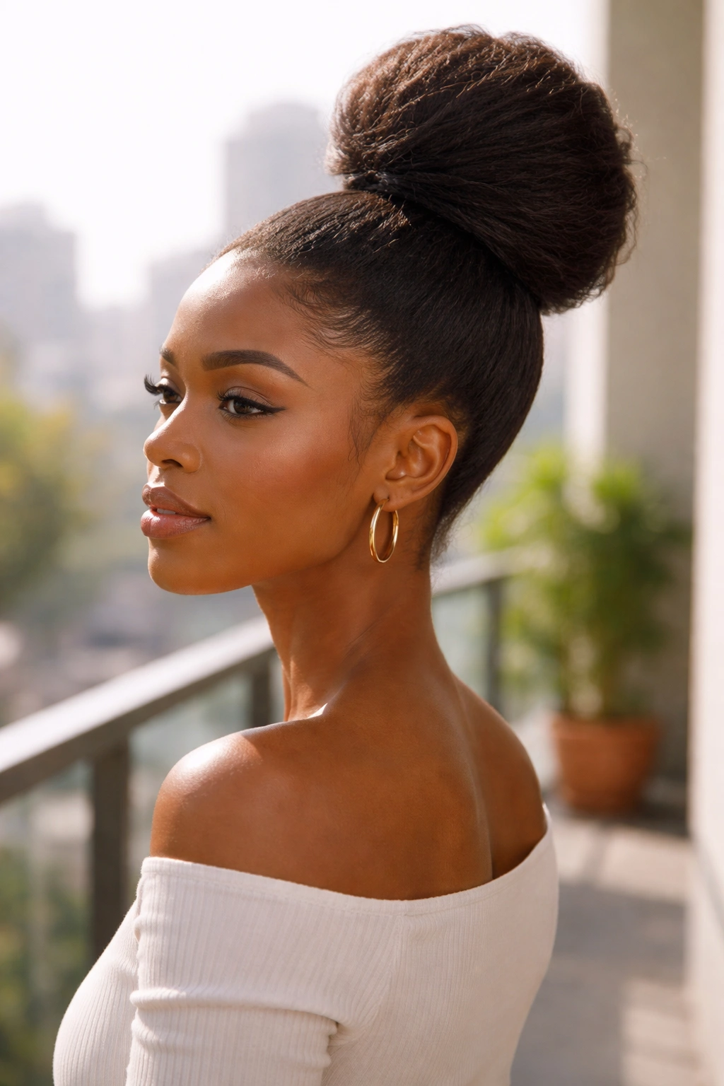 Close-up of a real woman with a high stretched bun in soft morning light on a balcony