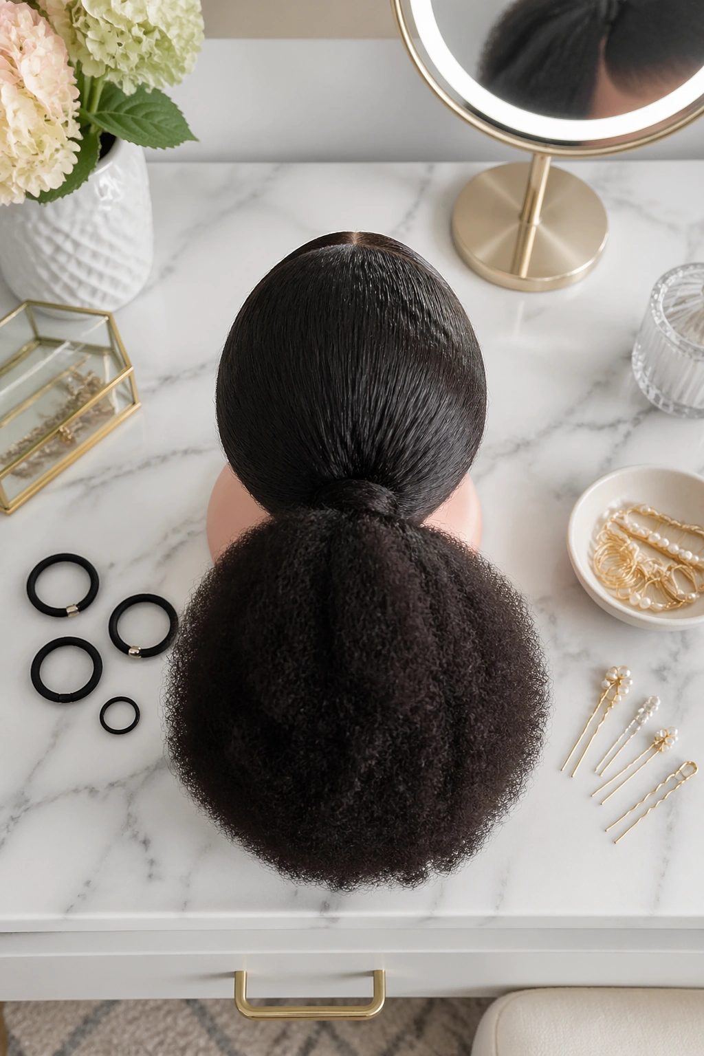 Overhead flat-lay of stretched puff mid ponytail with accessories.