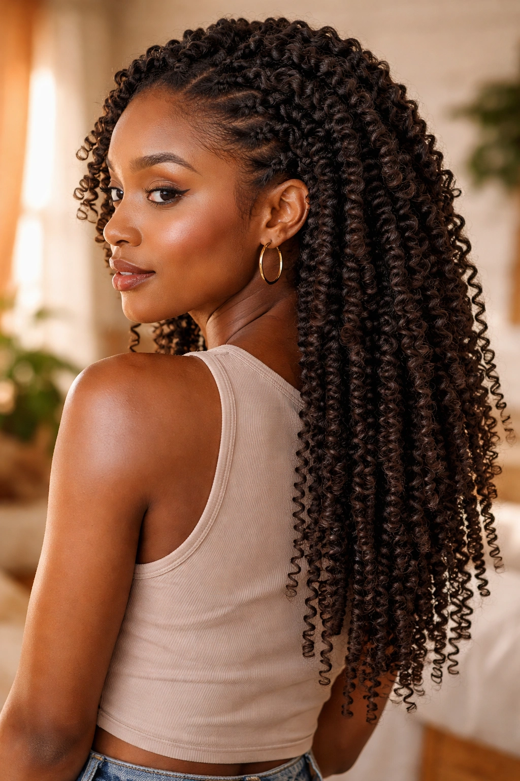 Portrait of a woman with stretched sponge curls showing elongated length.
