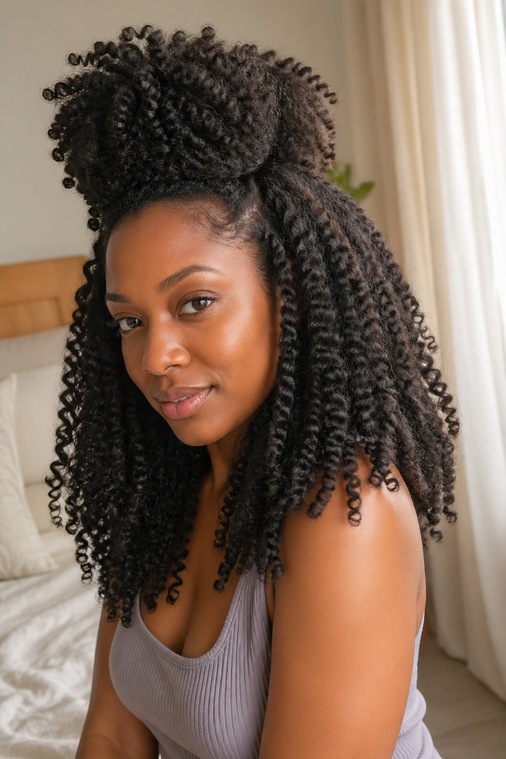 Portrait of a real woman with stretched twists and a loose top puff