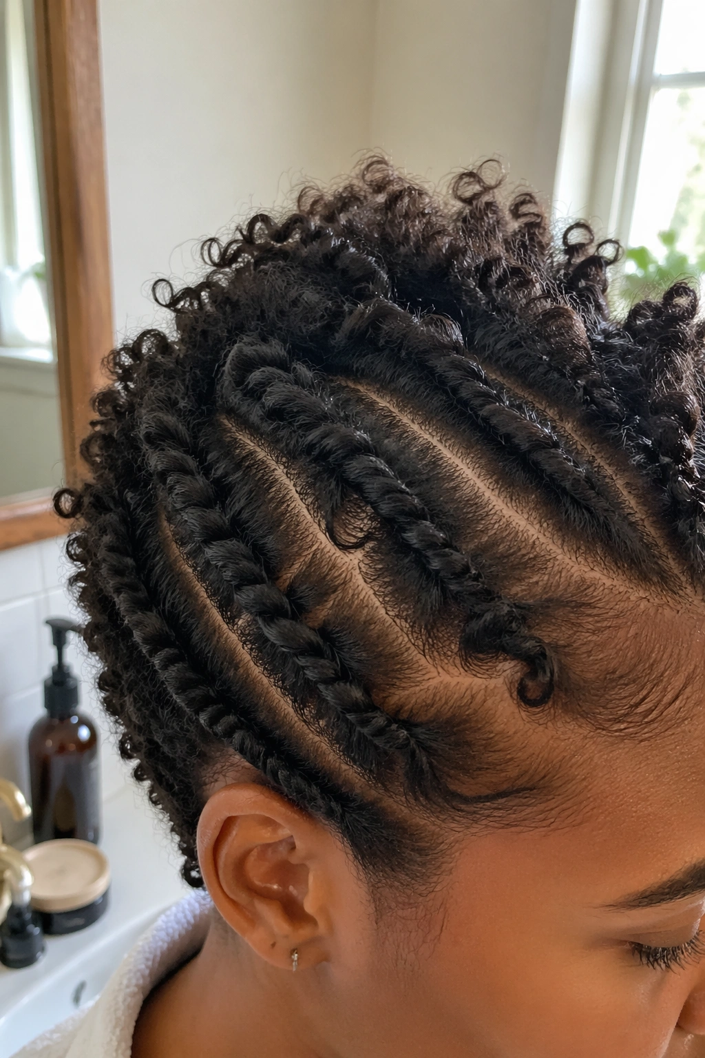 Close-up detail of stretched twists on short curls.