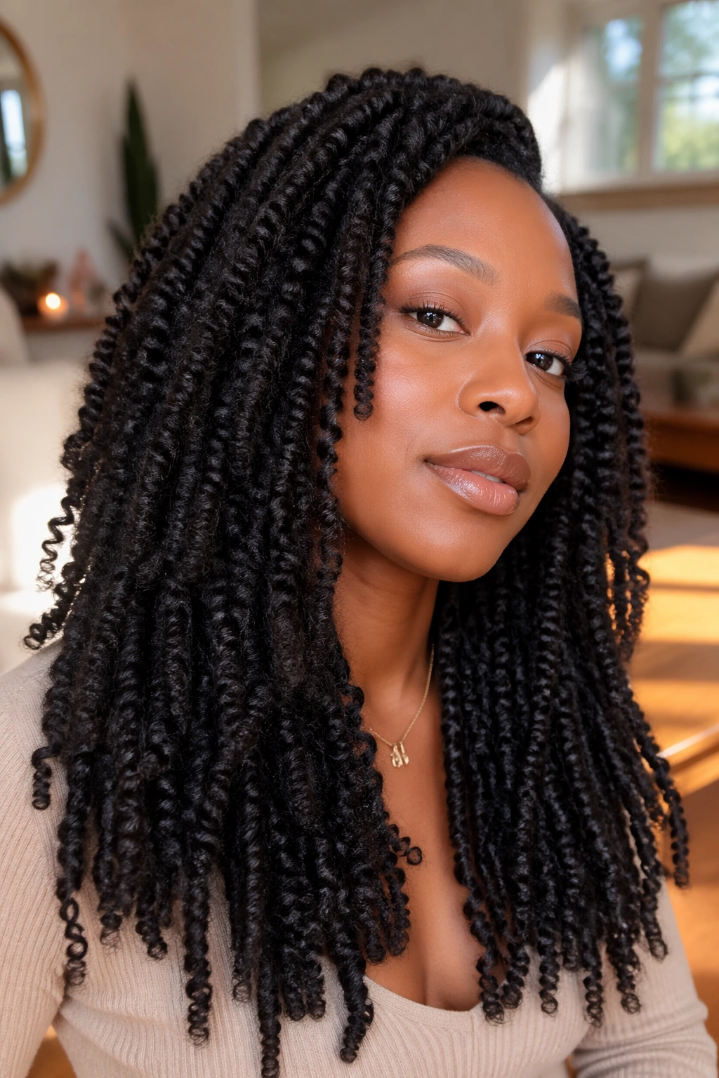 Close-up of a real woman with stretched twist-out elongating her twists