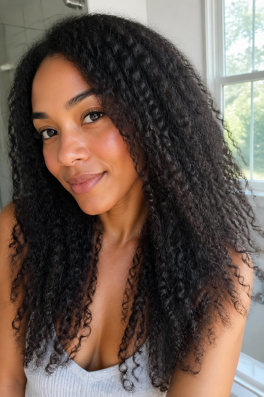 Close-up of a real woman with elongated wash-and-go curls after a cool-diffused blowout.