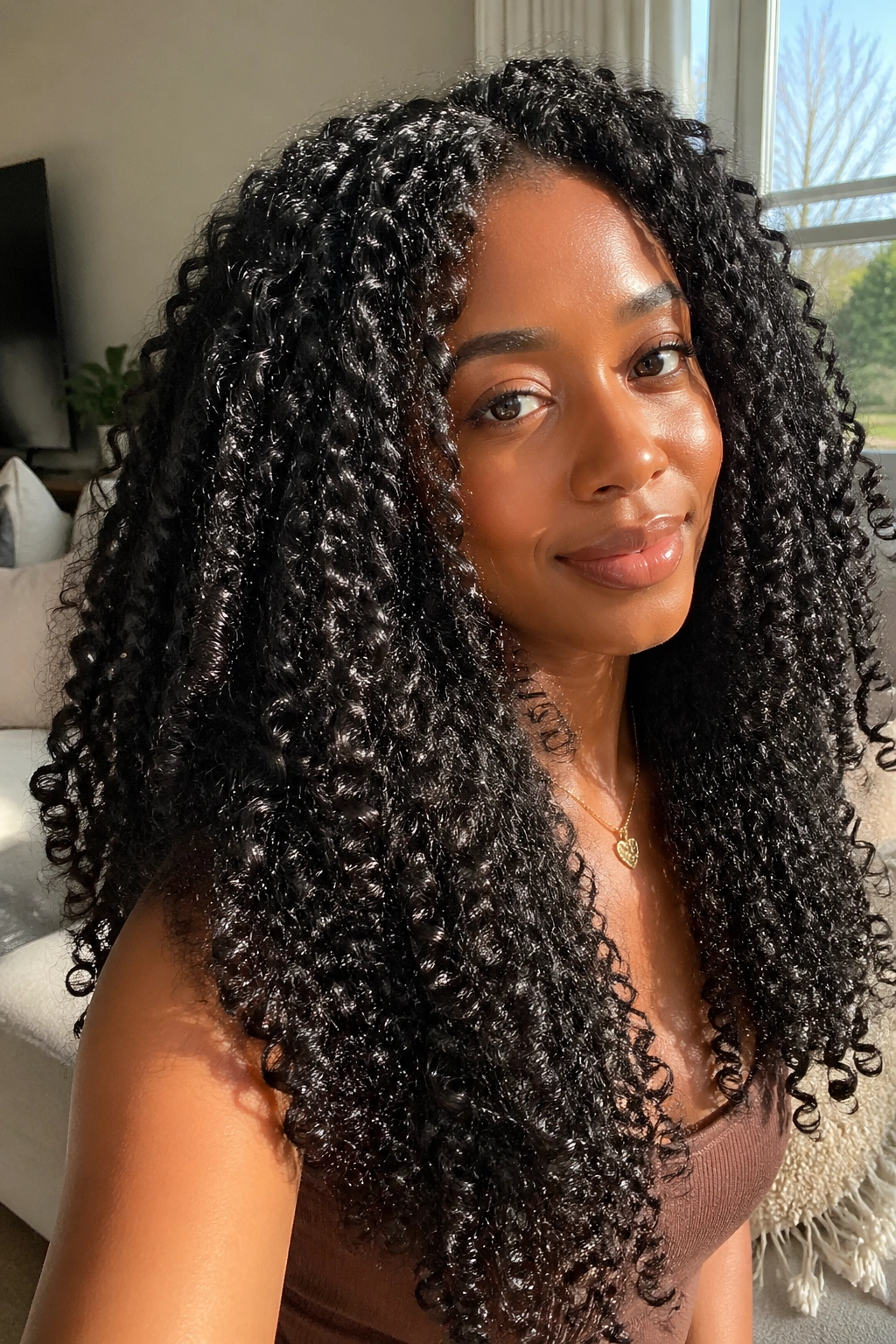 Close-up of a real woman with stretched curls showing length and volume