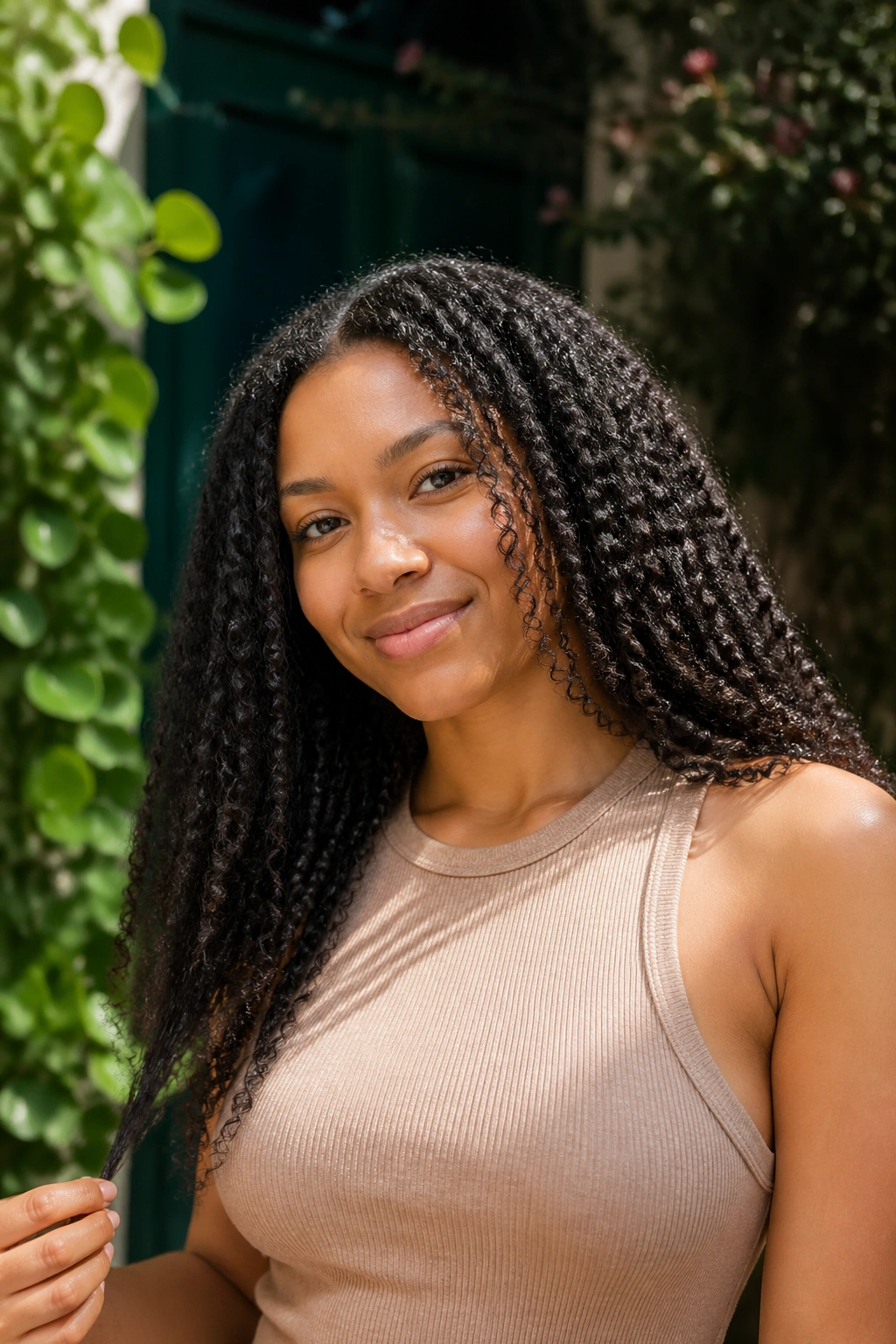 Real woman with stretched wash-and-go curls showing defined length.