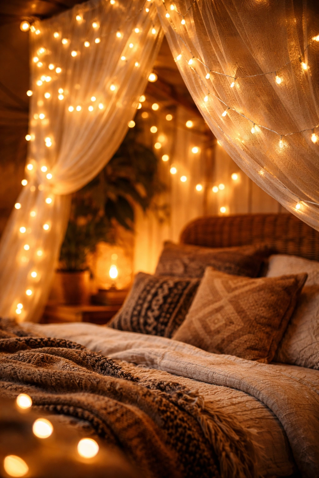 Warm amber string lights draped over a bed canopy casting soft glow