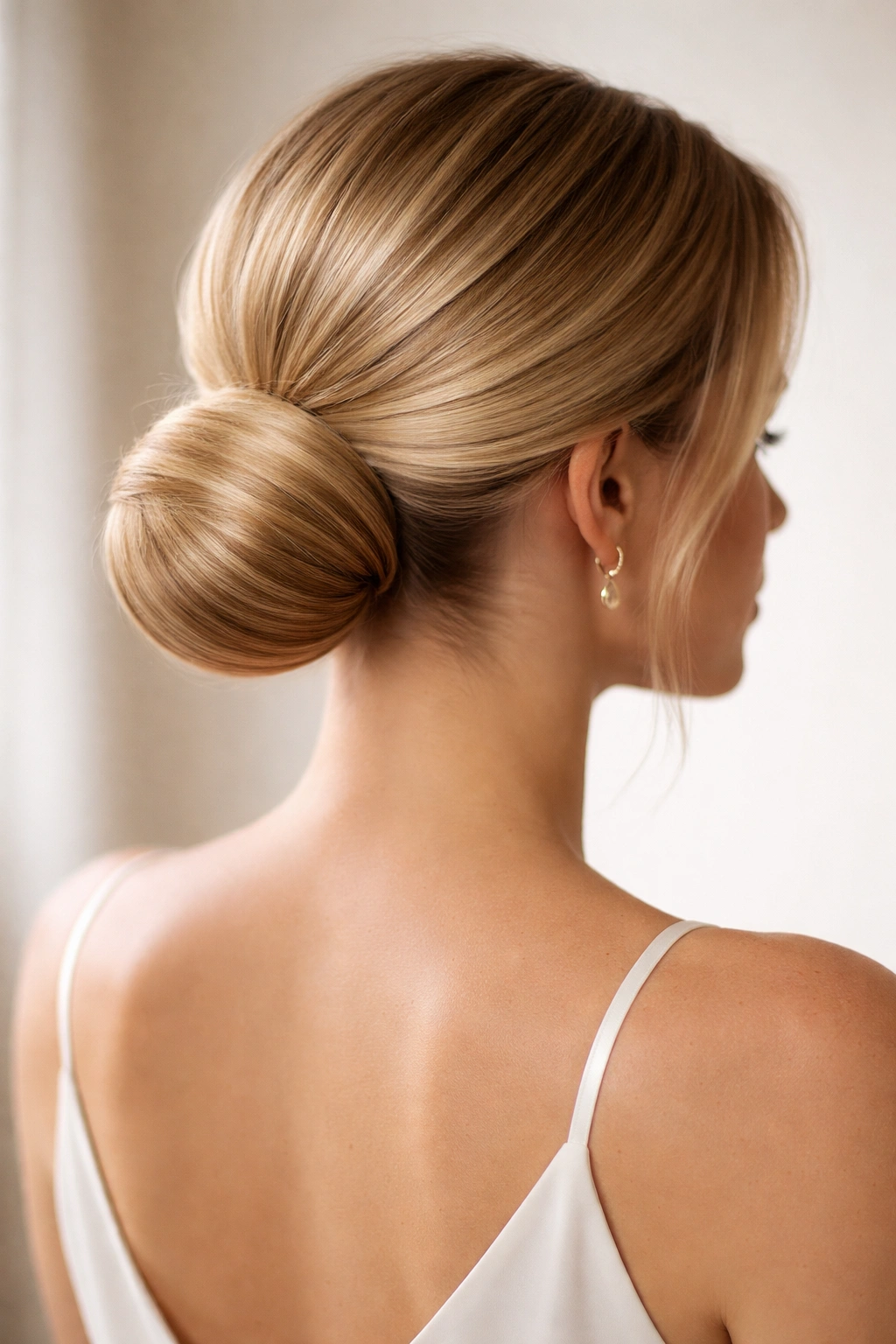 Low chignon pony rolled into a cylinder at the nape