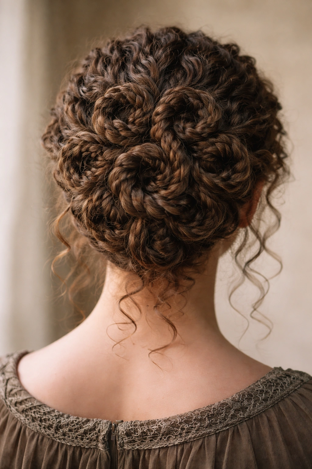 Back view of a structured coil updo with segmented curls