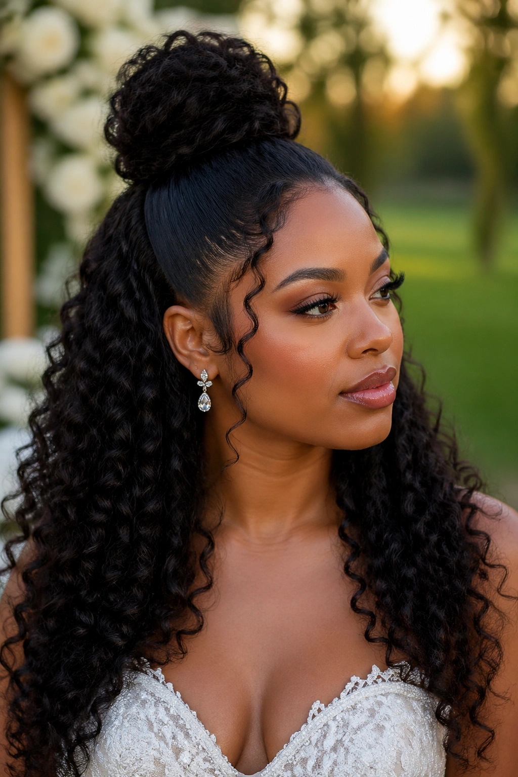 Close-up of a bride with a structured top knot half-up hairstyle in a garden