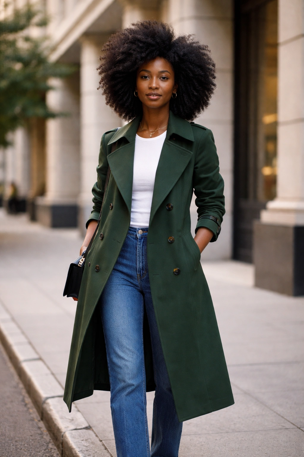 Person in green trench coat over simple base outfit on urban street
