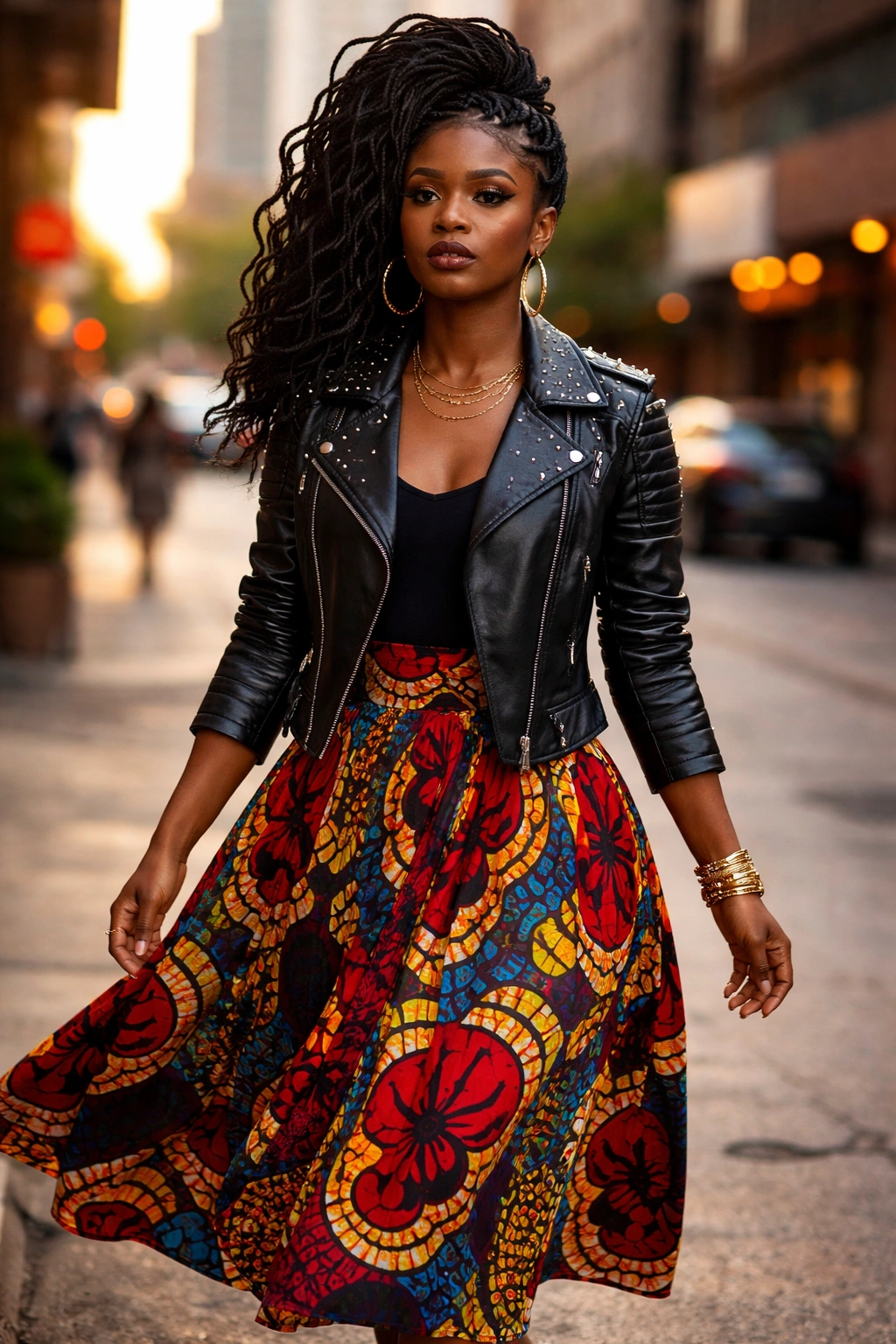 Medium-shot of a woman wearing studded moto jacket and Ankara skirt