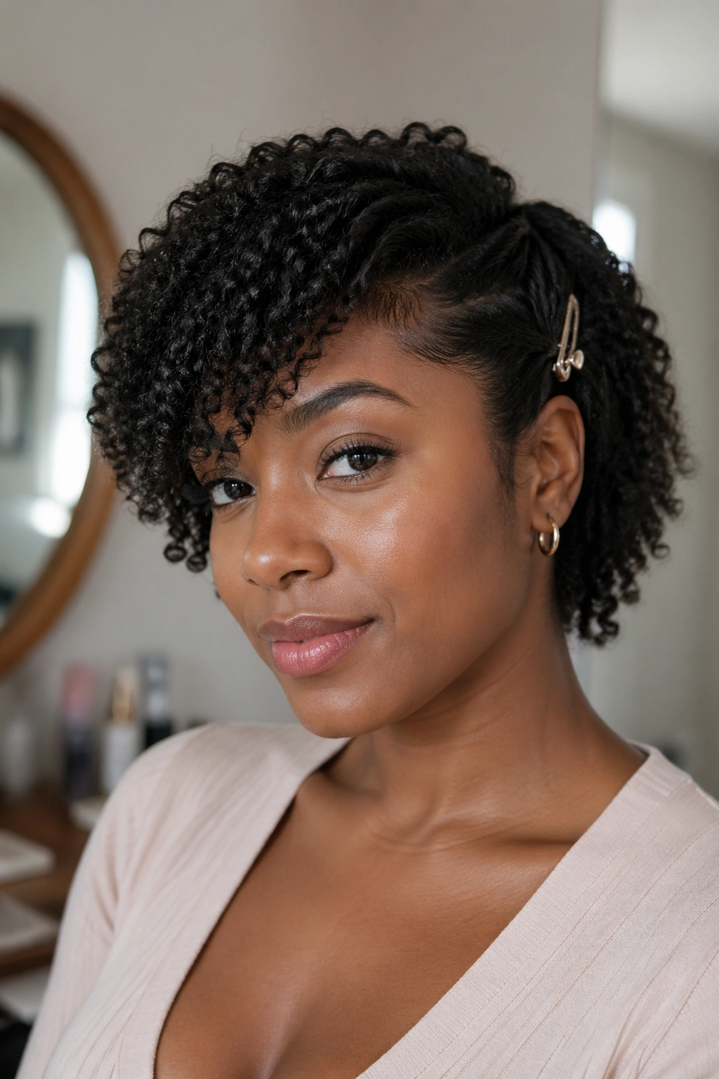 Close-up of a real woman with a side bang pinned behind the ear with a small clip.