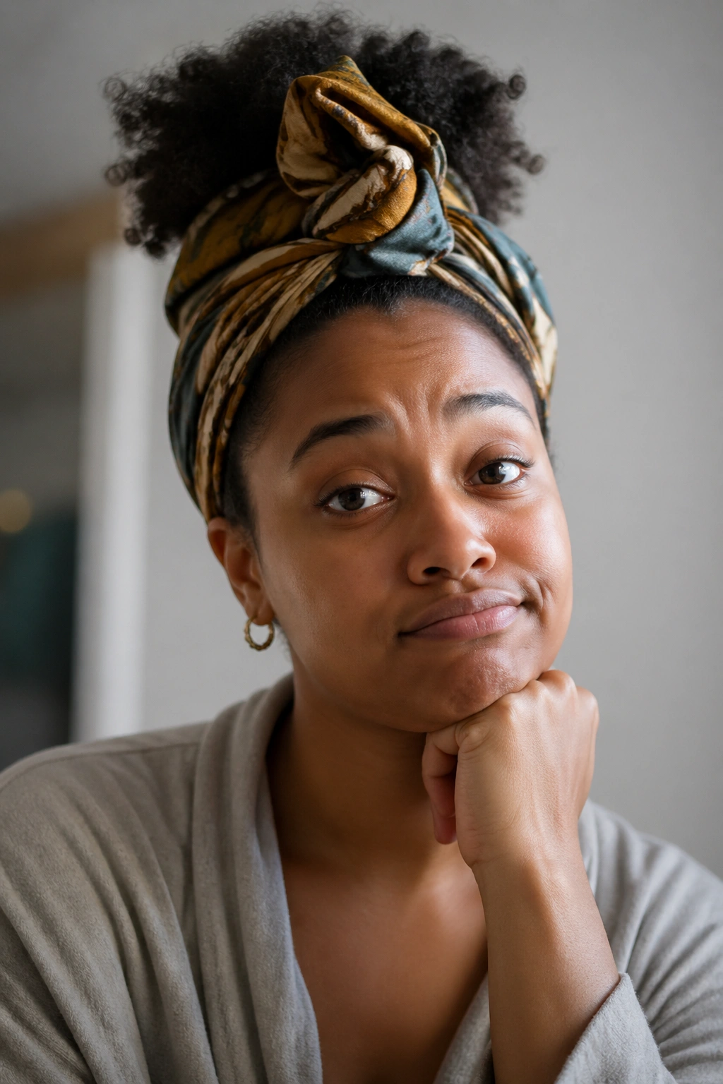 Close-up of a real person wearing a scarf headwrap with a resigned expression