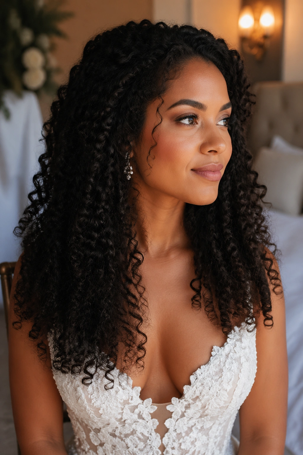 Bride with dry, defined down curls in a softly lit bridal suite