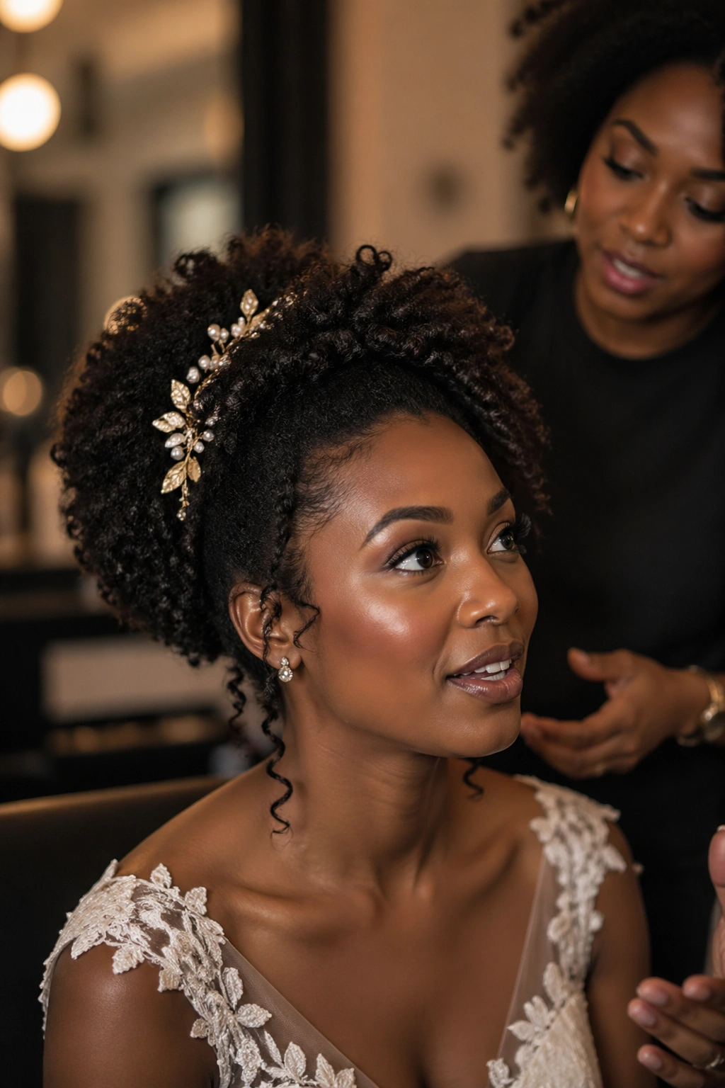 Bride in salon chair discussing natural curl wedding look
