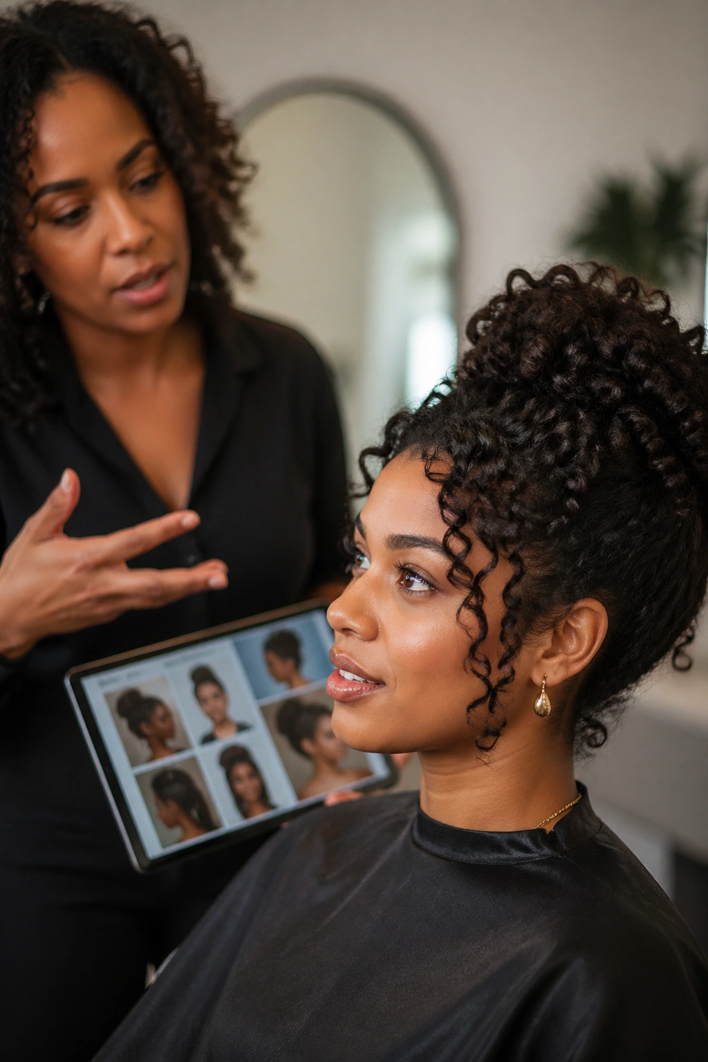 Close-up of client discussing hairstyle with stylist in salon