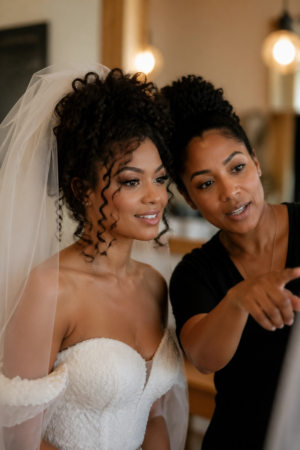 Bride and stylist discussing veil and hair during a trial