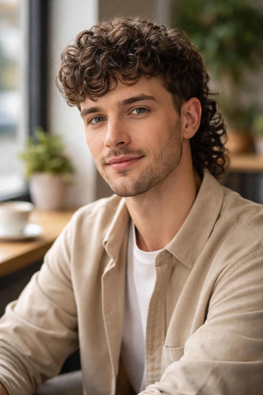 Close-up of a person with subtle curly mullet in a casual setting.