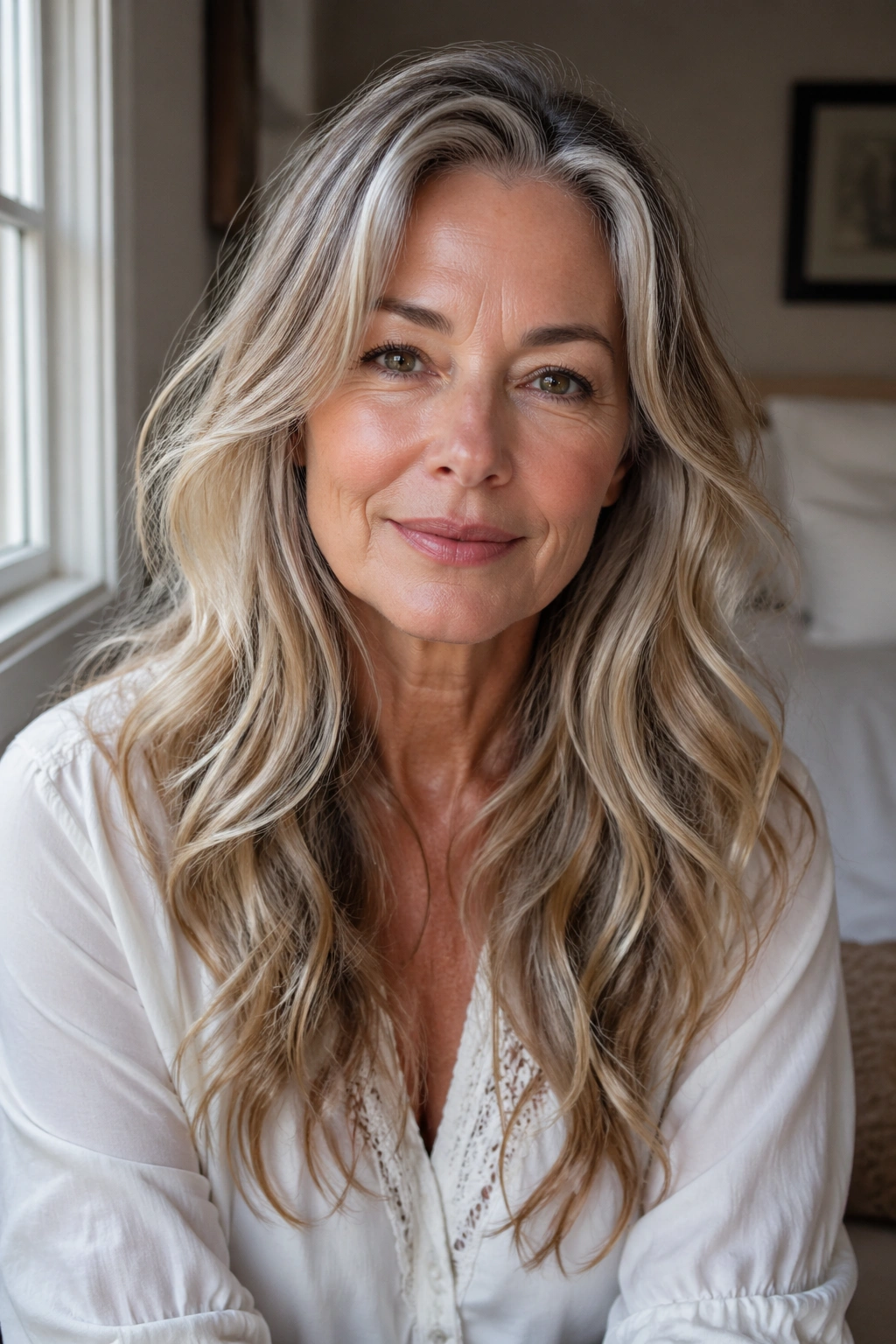 Close-up of a woman with subtle layers in long, easy-care waves