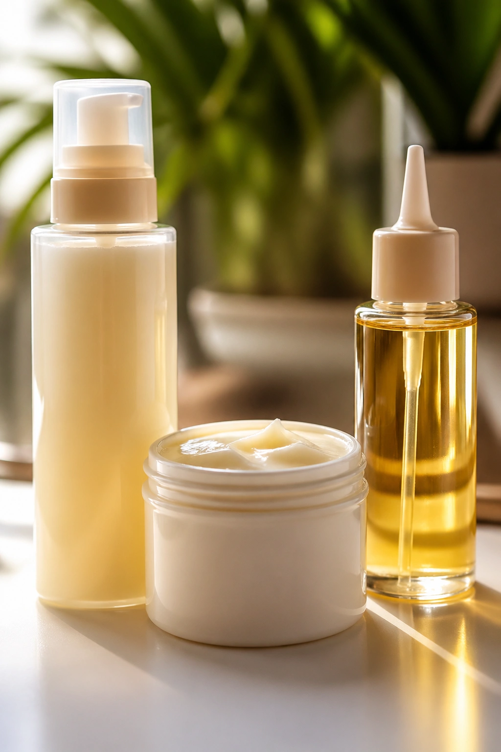 Macro shot of summer hair care bottles with no visible text on labels