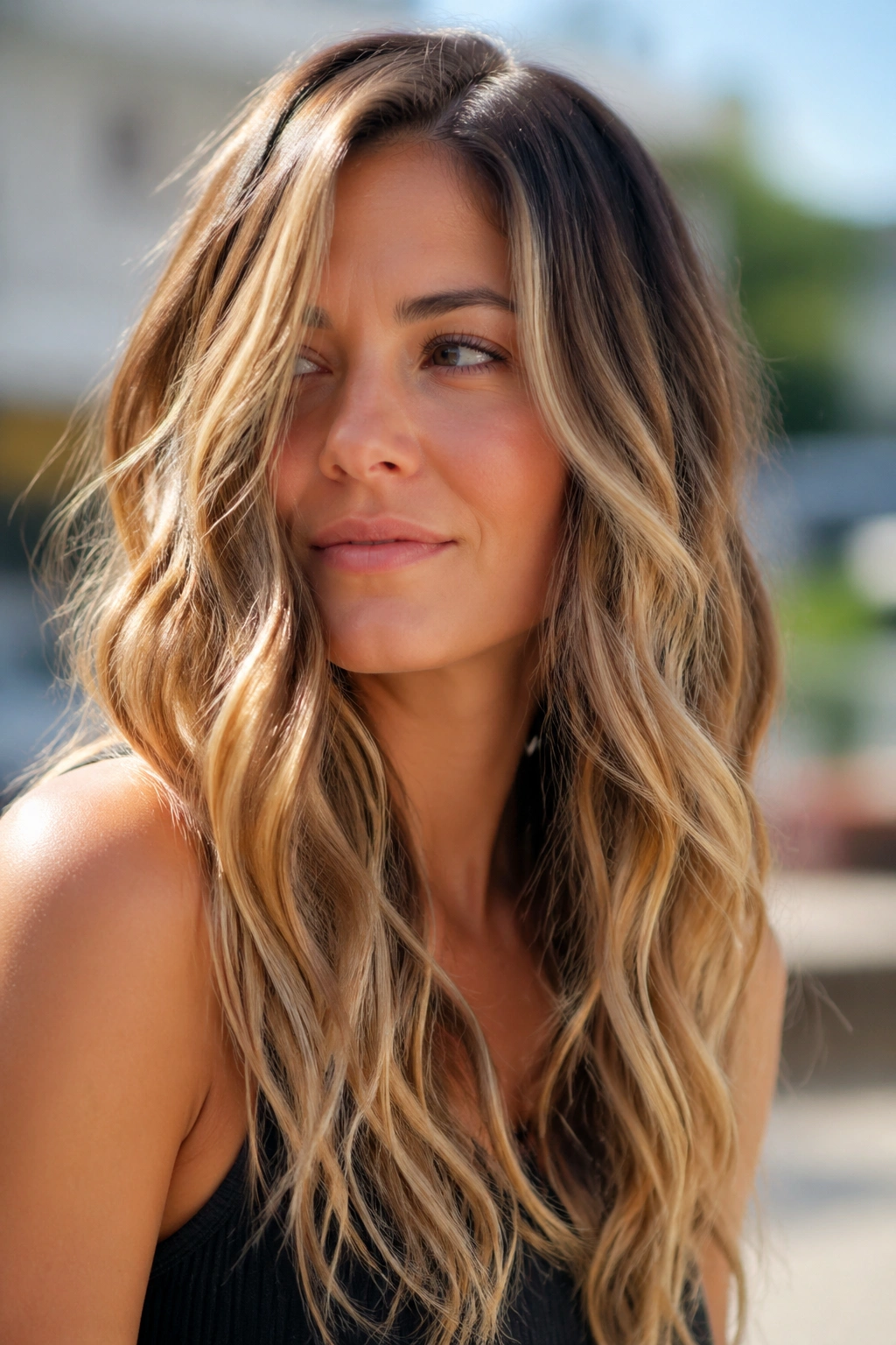 Close-up of sun-kissed blonde balayage on wavy hair
