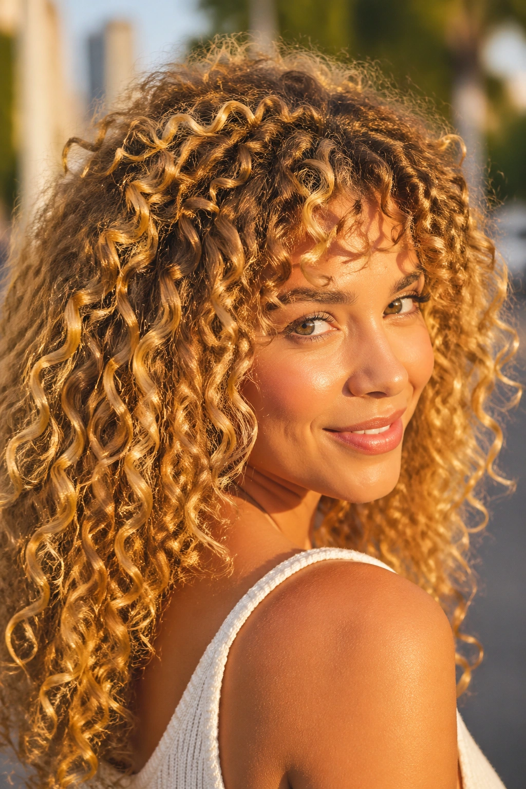 Close-up of a real woman with sun-kissed highlights throughout curls in golden hour light.
