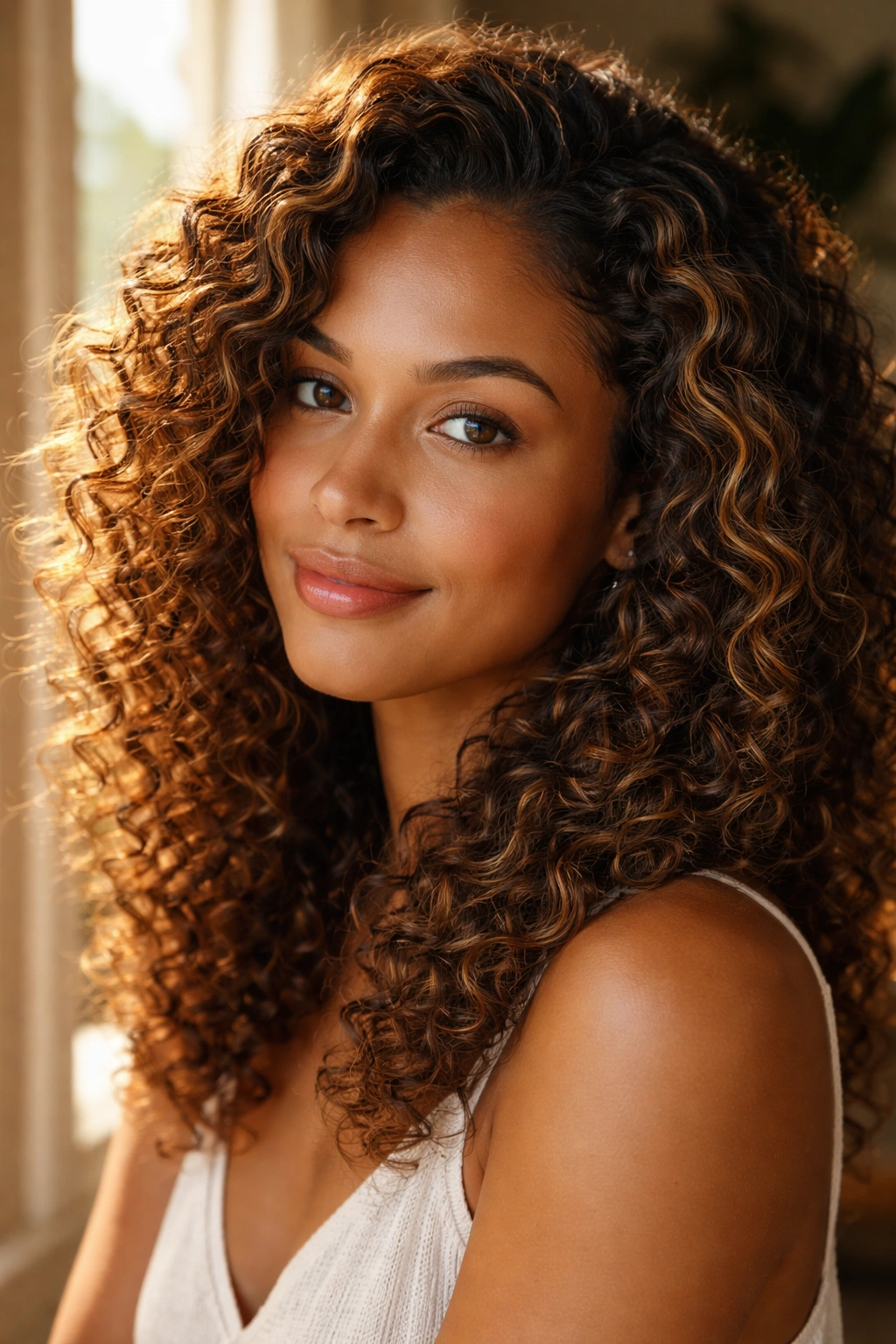 Close-up of curly hair with sun-kissed highlights around the face in warm light