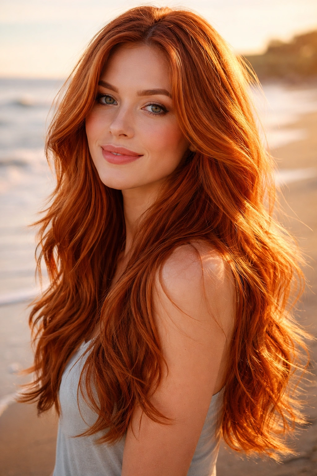 Portrait of a woman with sun-kissed red long layers on a sunny beach.