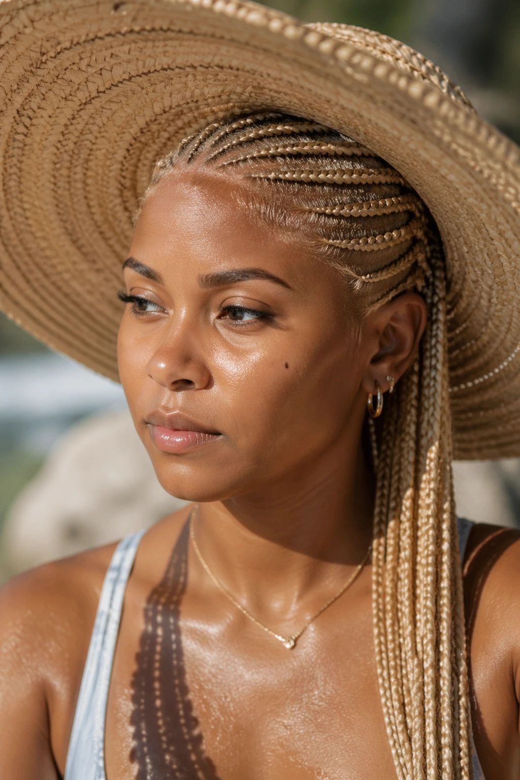 Real woman with blonde cornrows wearing a wide-brim hat in sunny outdoor setting.